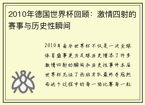 2010年德国世界杯回顾：激情四射的赛事与历史性瞬间